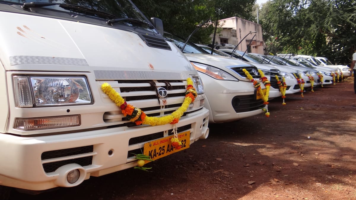 Receding line of white fleet vehicles, each grille dressed with a marigold garland